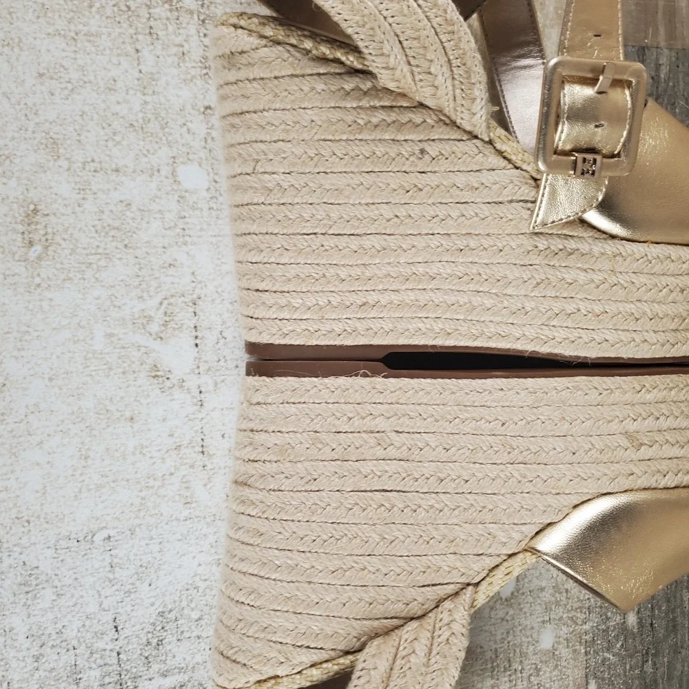 Sam Edelman Vada Women Espadrille Sandal Sz 9.5 Gold Leaf Ankle Strap Wedge Heel